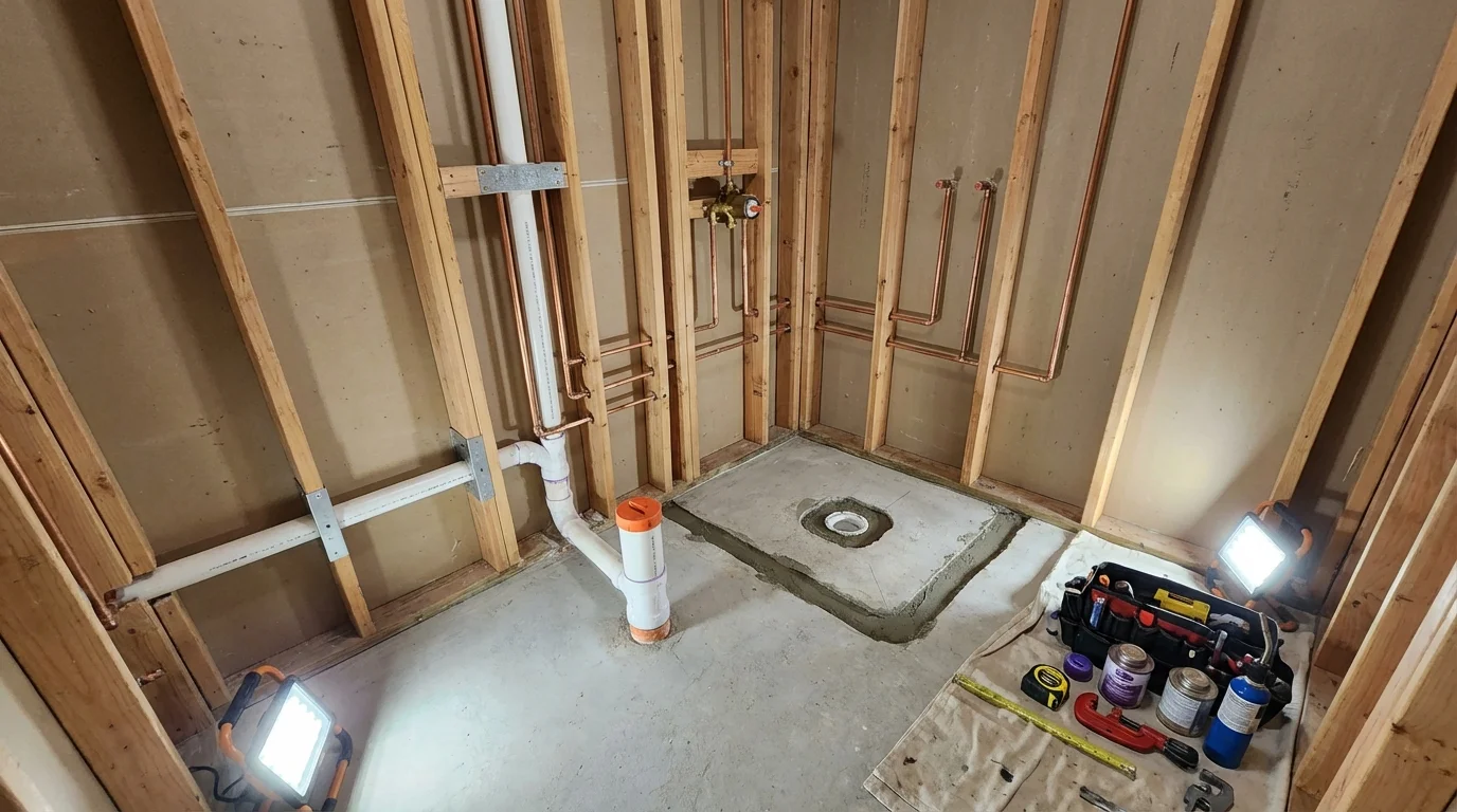 Bathroom rough-in plumbing during remodel by Johns Plumbing LLC in West Stockbridge