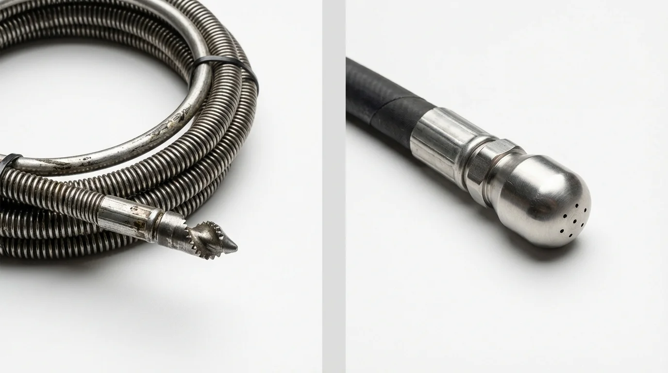 Drain snake cable and hydro jetting nozzle used for drain cleaning in West Stockbridge, MA