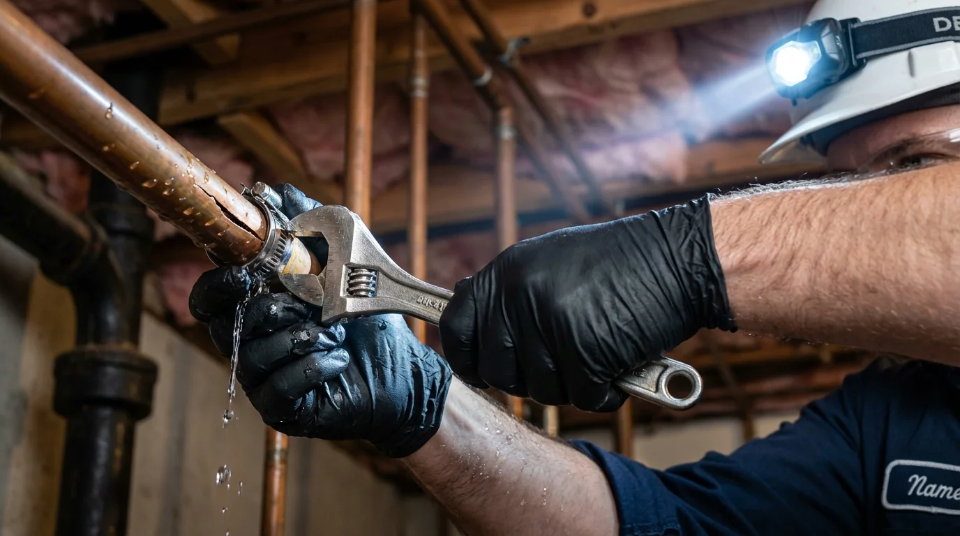 Emergency pipe clamp repair being performed by a Johns Plumbing LLC plumber in West Stockbridge