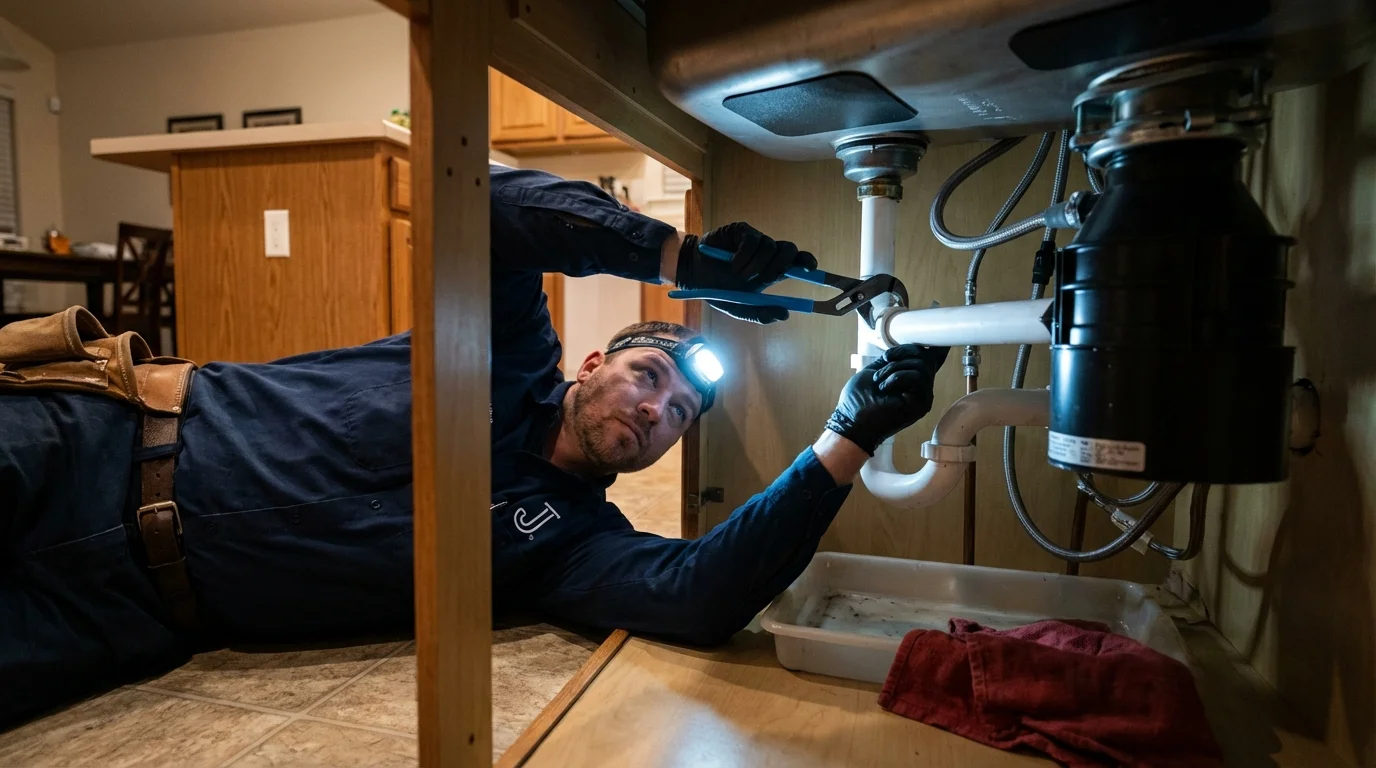P-trap and supply line connections under a kitchen sink showing a common leak point in West Stockbridge, MA